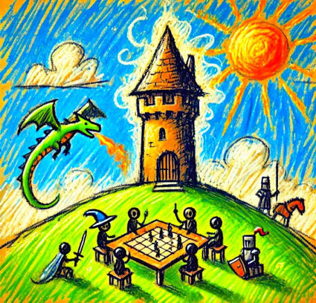 Crayon drawing of a fantasy tower, dragon and friends playing a tabletop game